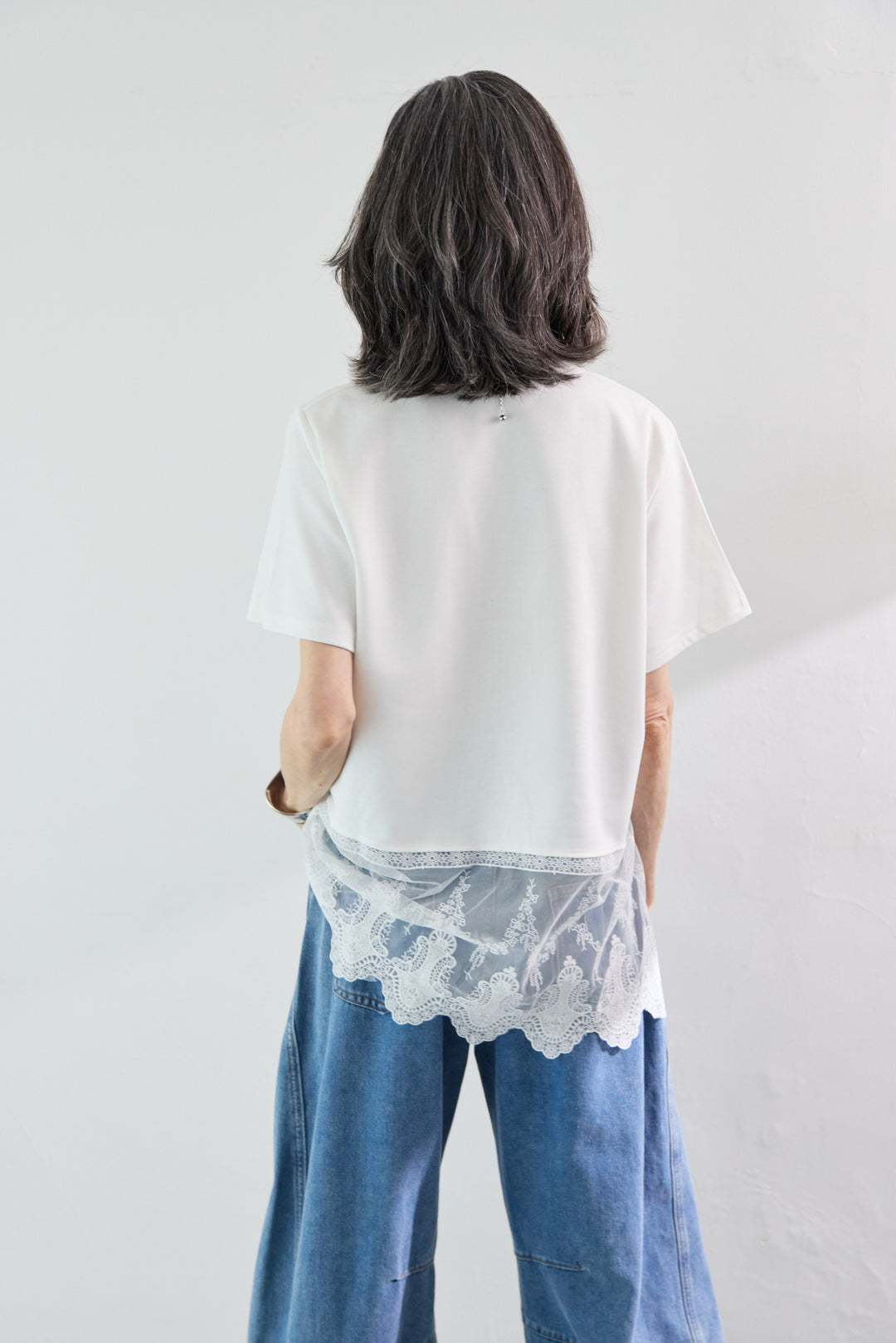 [SET]裾レース切替チュニック丈Tシャツ+パネル切替 カーブデニムパンツ(2set)