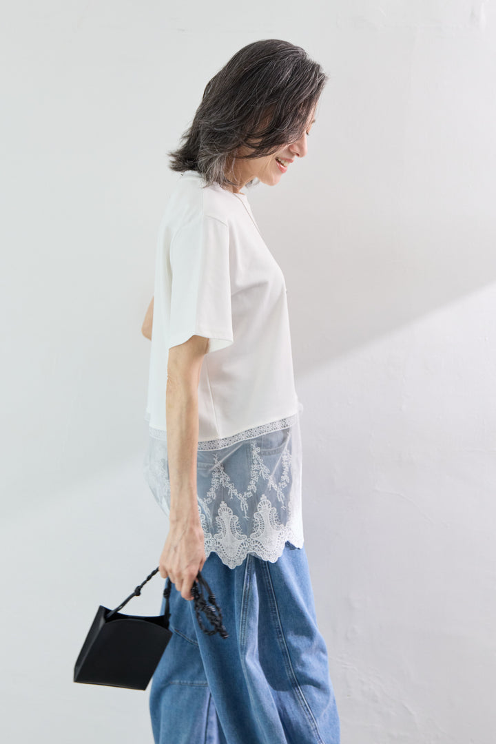 裾レース切替チュニック丈Tシャツ