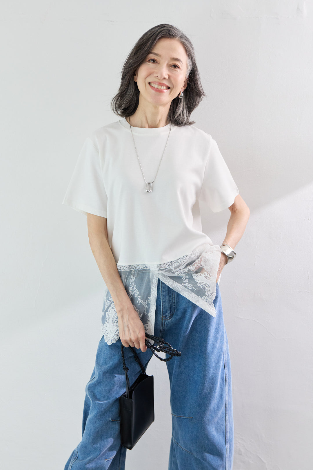[SET]裾レース切替チュニック丈Tシャツ+パネル切替 カーブデニムパンツ(2set)