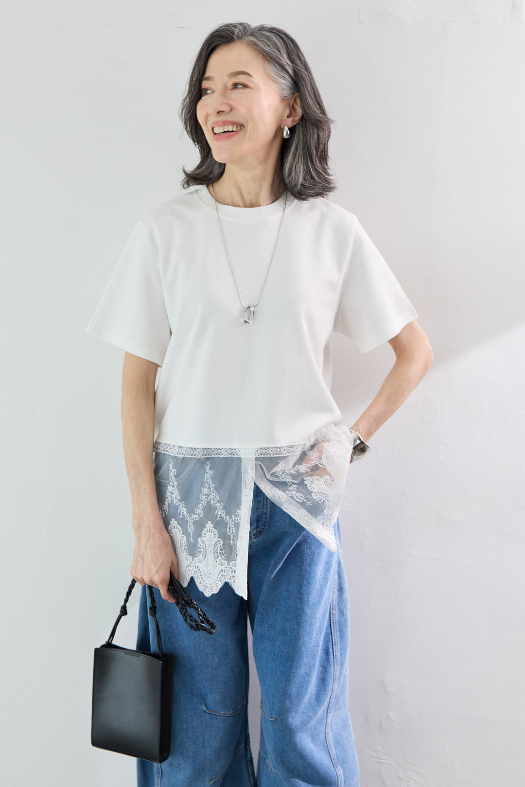 [SET]裾レース切替チュニック丈Tシャツ+パネル切替 カーブデニムパンツ(2set)
