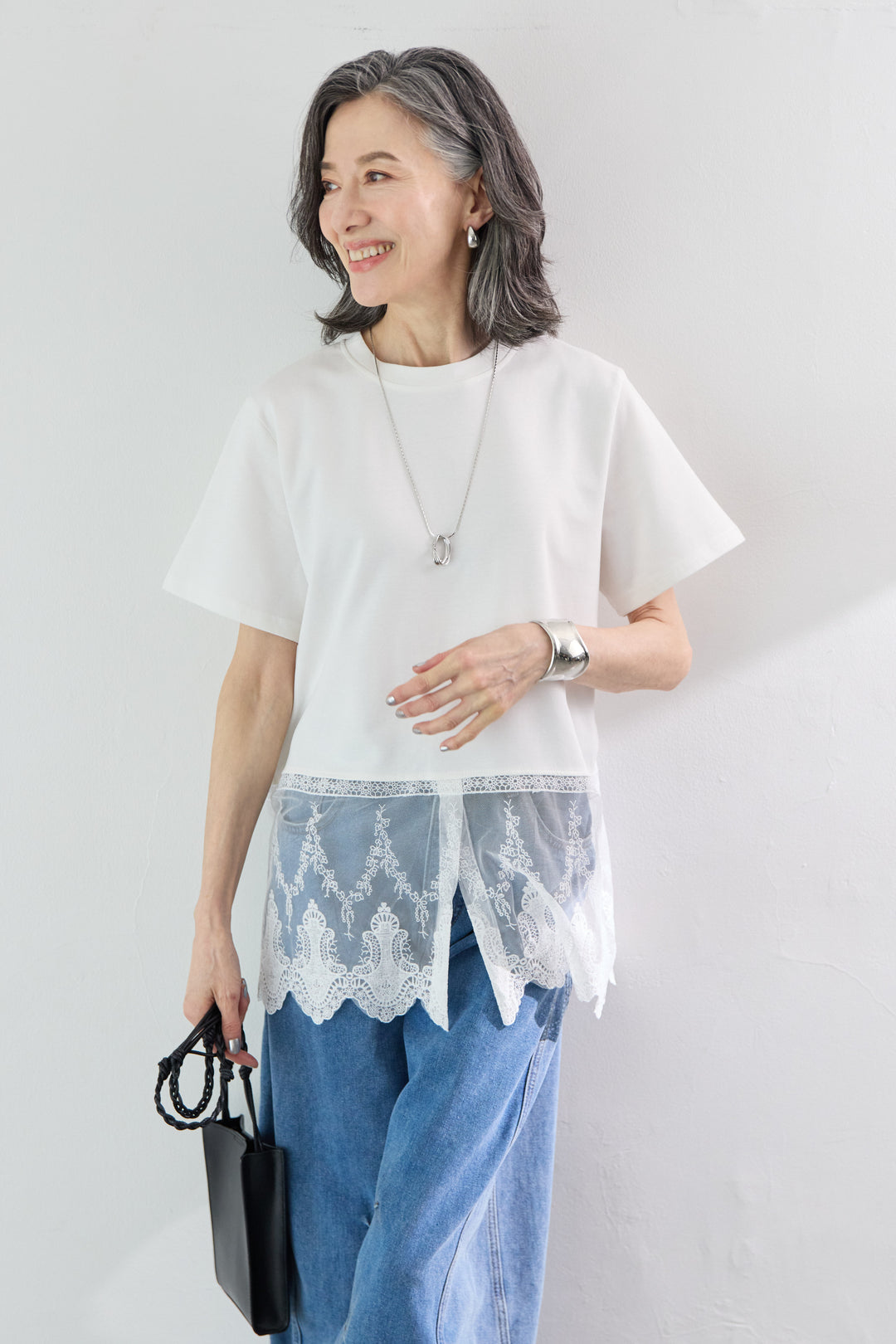 [SET]裾レース切替チュニック丈Tシャツ+パネル切替 カーブデニムパンツ(2set)
