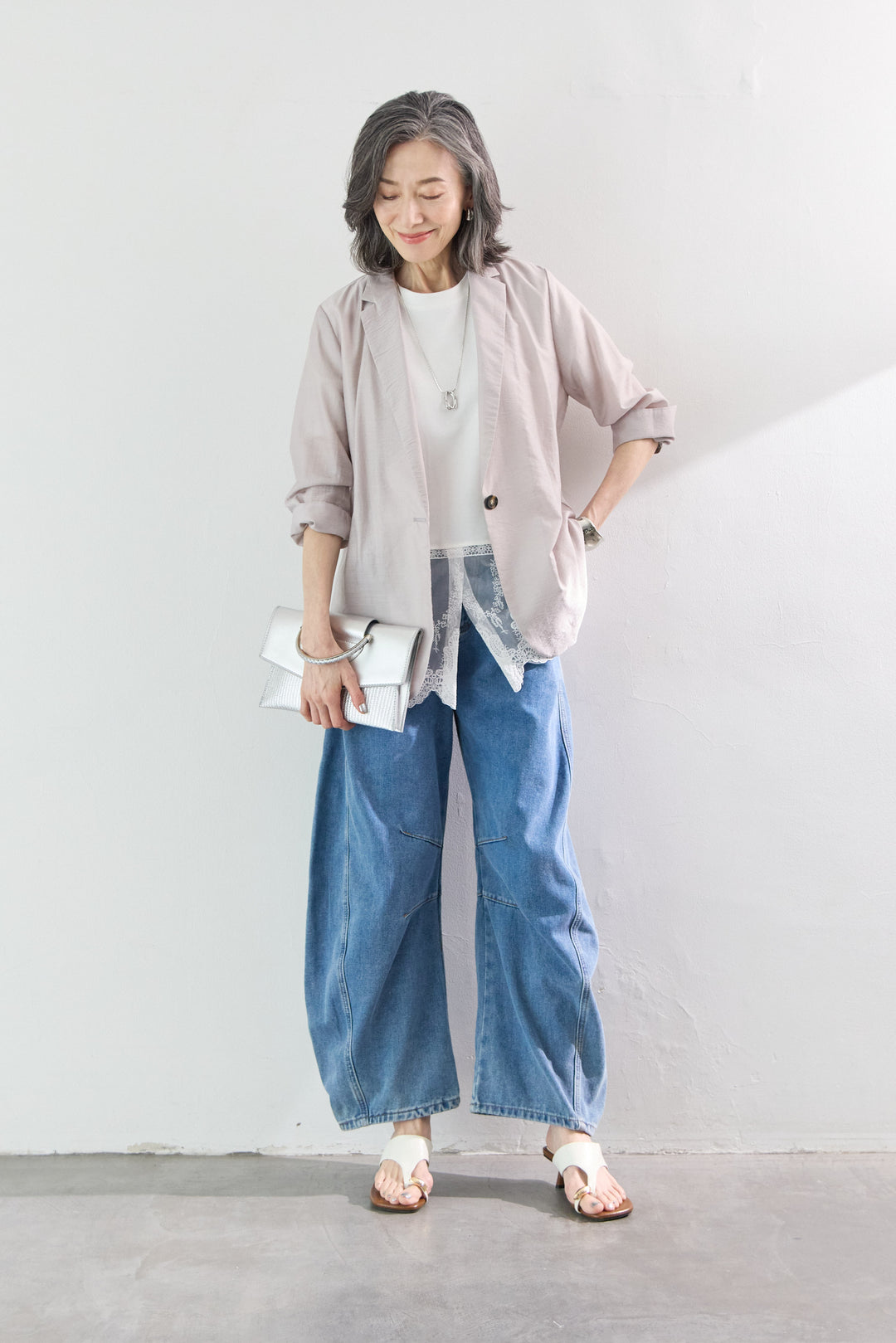 [SET]洗えるテーラードジャケット+裾レース切替チュニック丈Tシャツ+パネル切替 カーブデニムパンツ(3set)