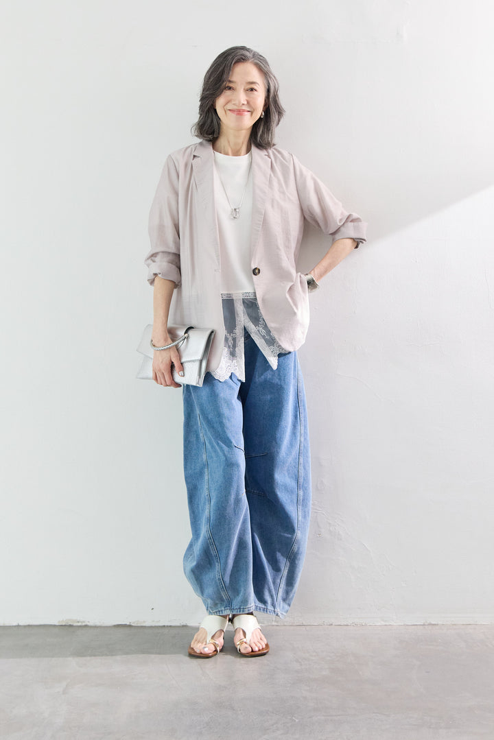 [SET]洗えるテーラードジャケット+裾レース切替チュニック丈Tシャツ+パネル切替 カーブデニムパンツ(3set)