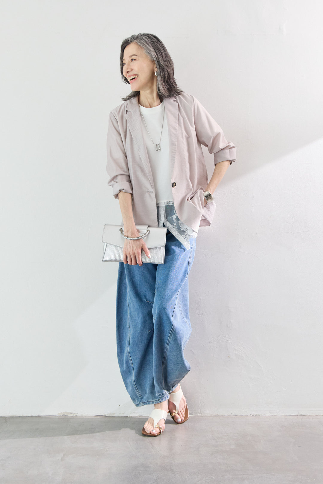 [SET]洗えるテーラードジャケット+裾レース切替チュニック丈Tシャツ+パネル切替 カーブデニムパンツ(3set)