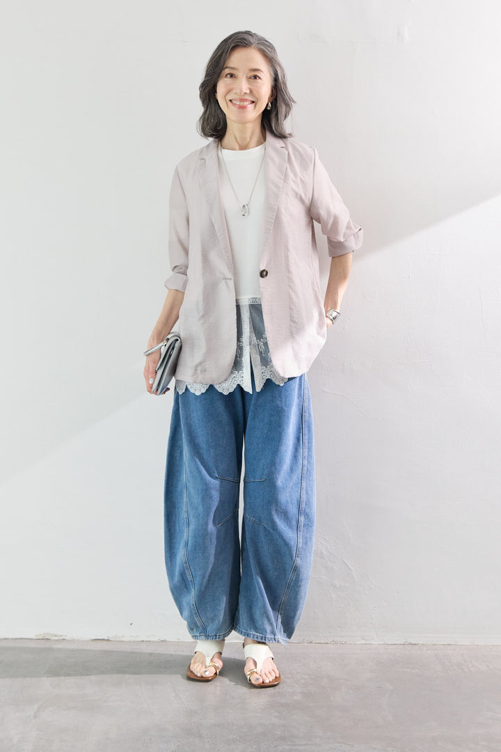 [SET]洗えるテーラードジャケット+裾レース切替チュニック丈Tシャツ+パネル切替 カーブデニムパンツ(3set)