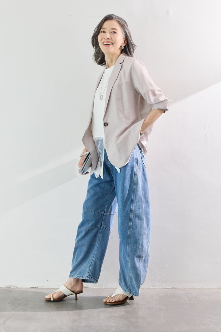 [SET]洗えるテーラードジャケット+裾レース切替チュニック丈Tシャツ+パネル切替 カーブデニムパンツ(3set)
