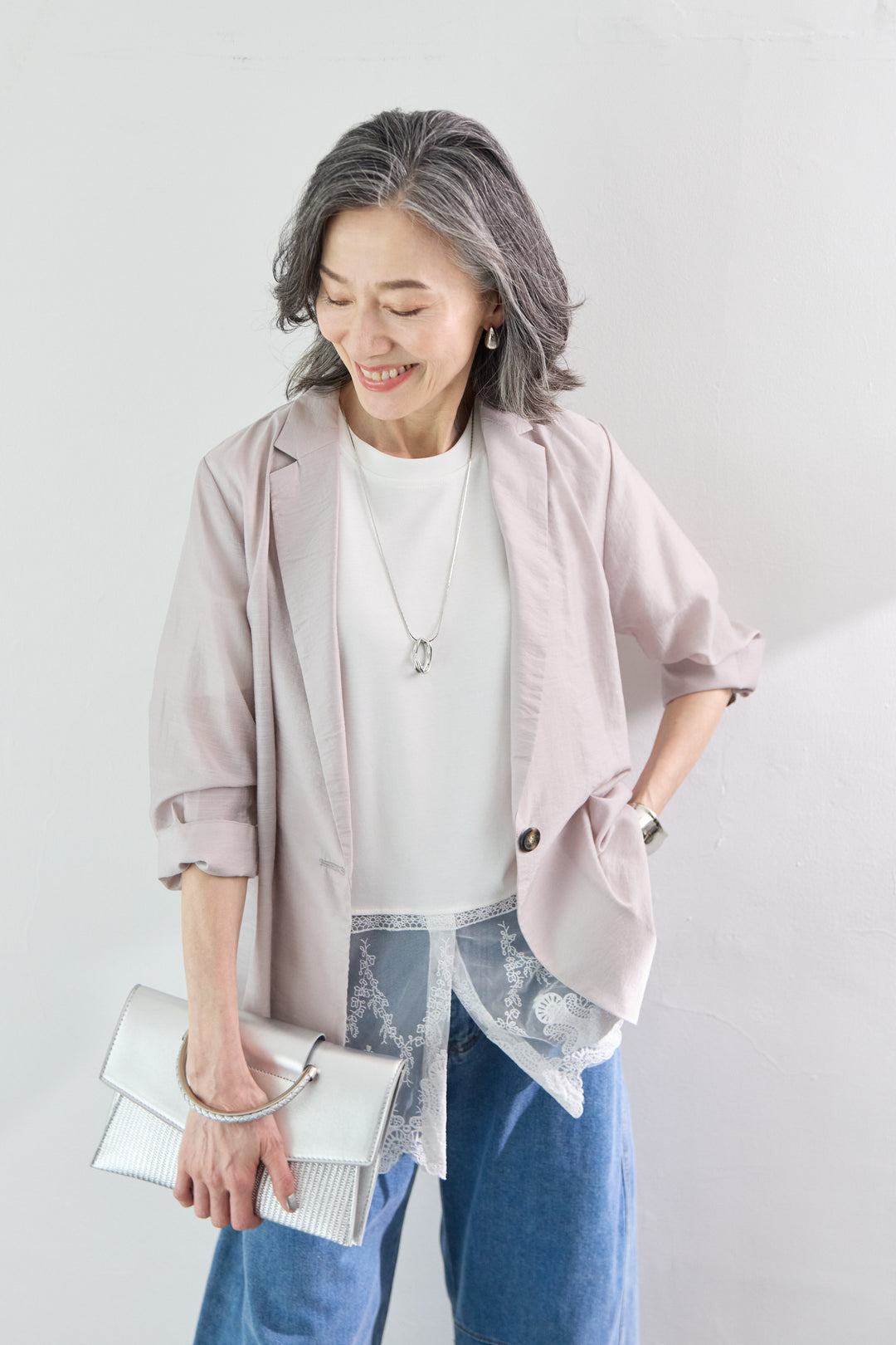[SET]洗えるテーラードジャケット+裾レース切替チュニック丈Tシャツ+パネル切替 カーブデニムパンツ(3set)