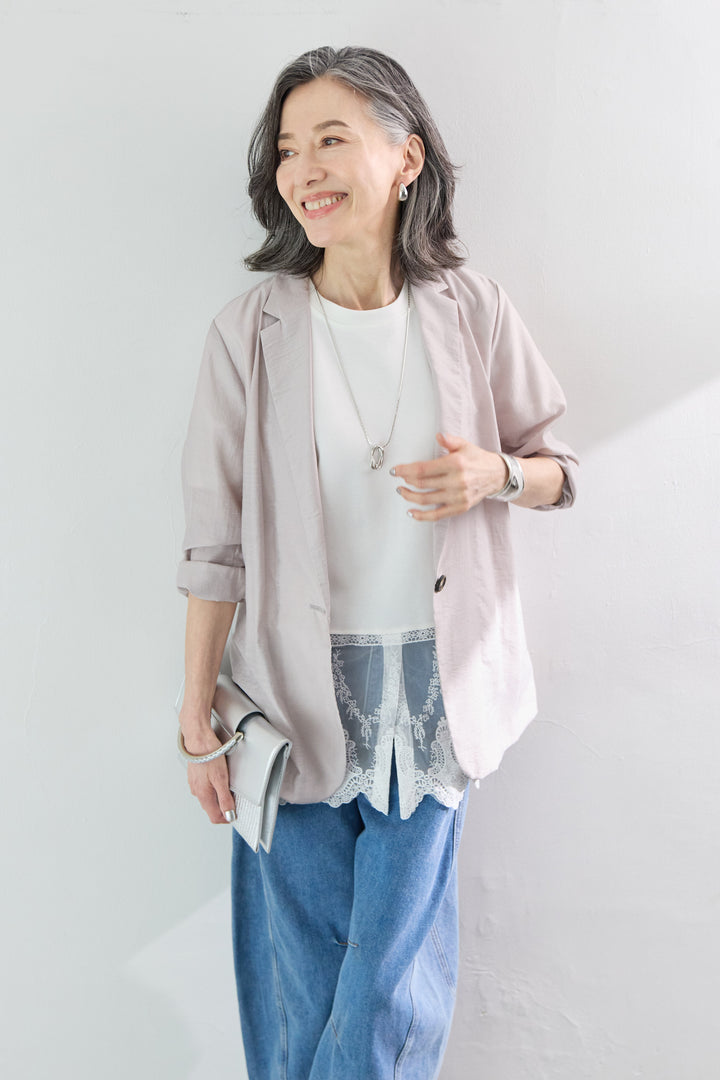 [SET]洗えるテーラードジャケット+裾レース切替チュニック丈Tシャツ+パネル切替 カーブデニムパンツ(3set)
