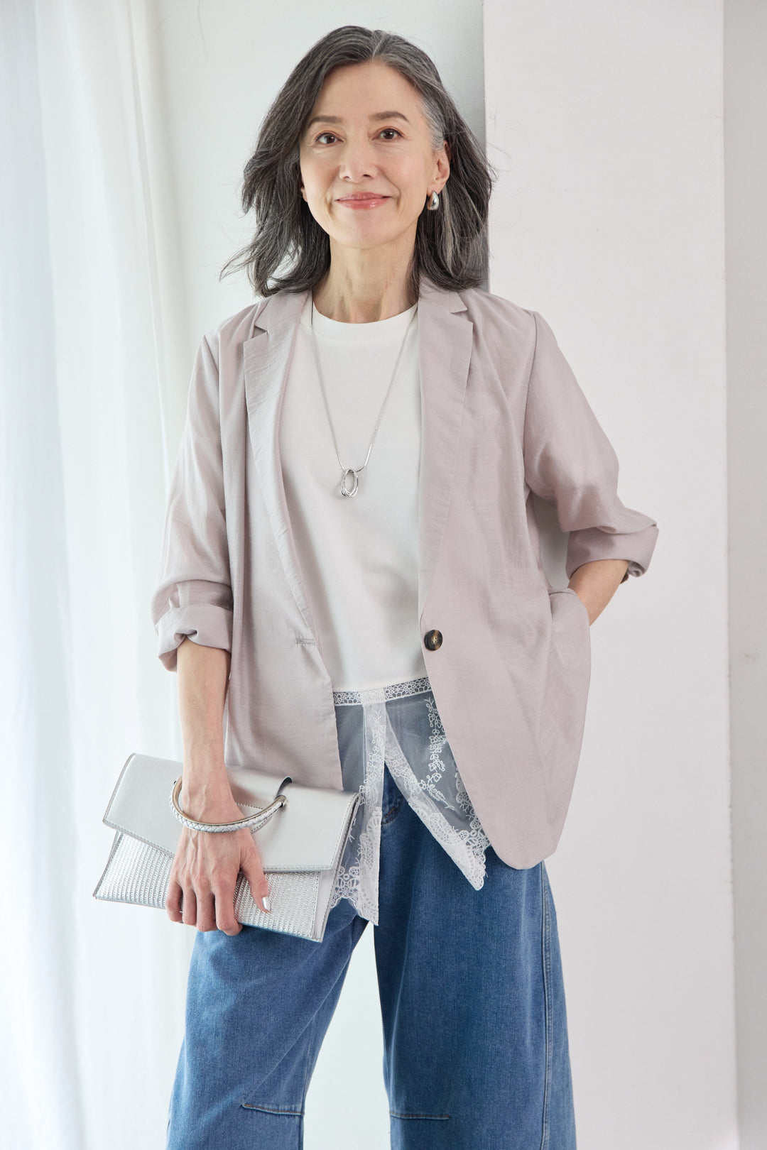 [SET]洗えるテーラードジャケット+裾レース切替チュニック丈Tシャツ+パネル切替 カーブデニムパンツ(3set)