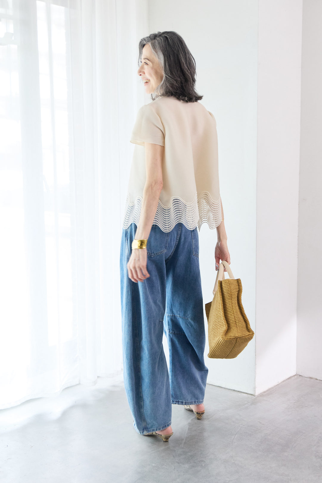 [SET]裾スカラップレース半袖ストレッチブラウス+パネル切替 カーブデニムパンツ(2set)