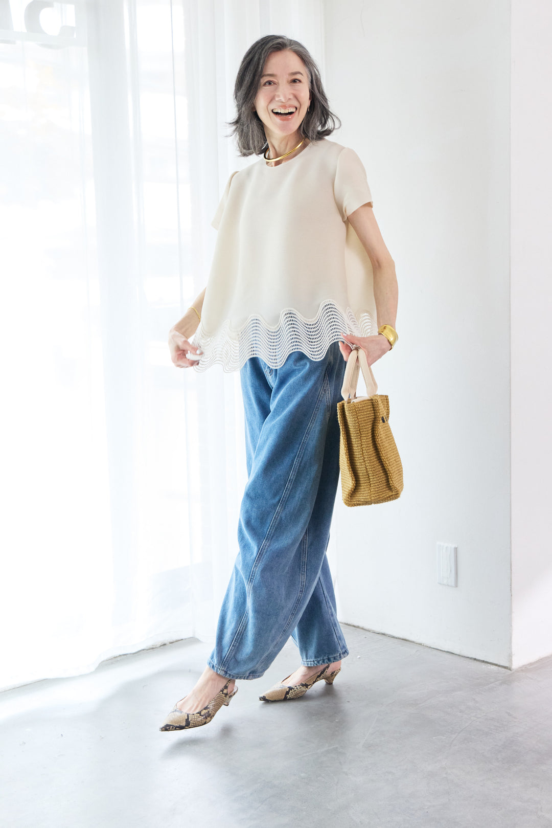 [SET]裾スカラップレース半袖ストレッチブラウス+パネル切替 カーブデニムパンツ(2set)