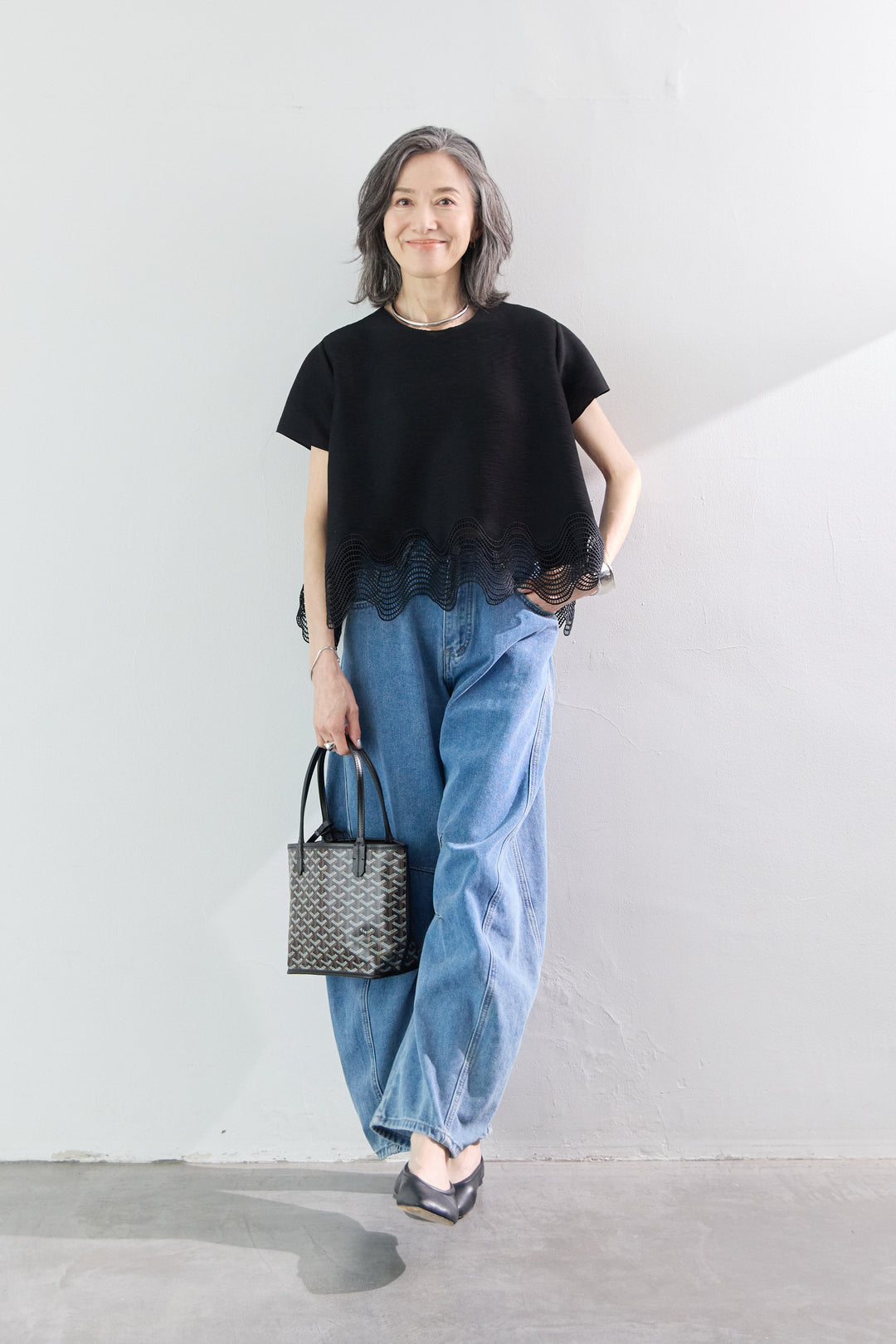 [SET]裾スカラップレース半袖ストレッチブラウス+パネル切替 カーブデニムパンツ(2set)