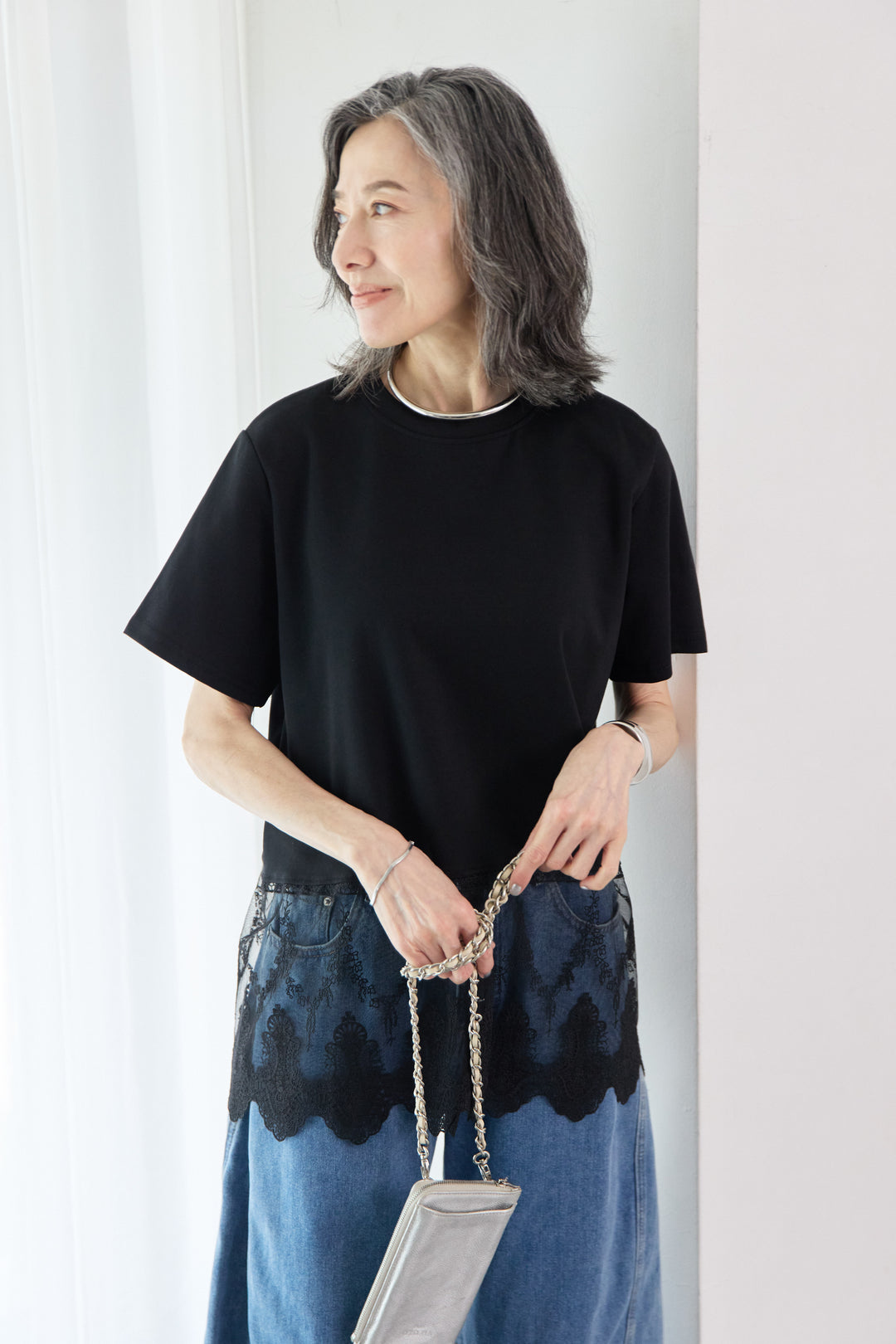 [SET]裾レース切替チュニック丈Tシャツ+パネル切替 カーブデニムパンツ(2set)