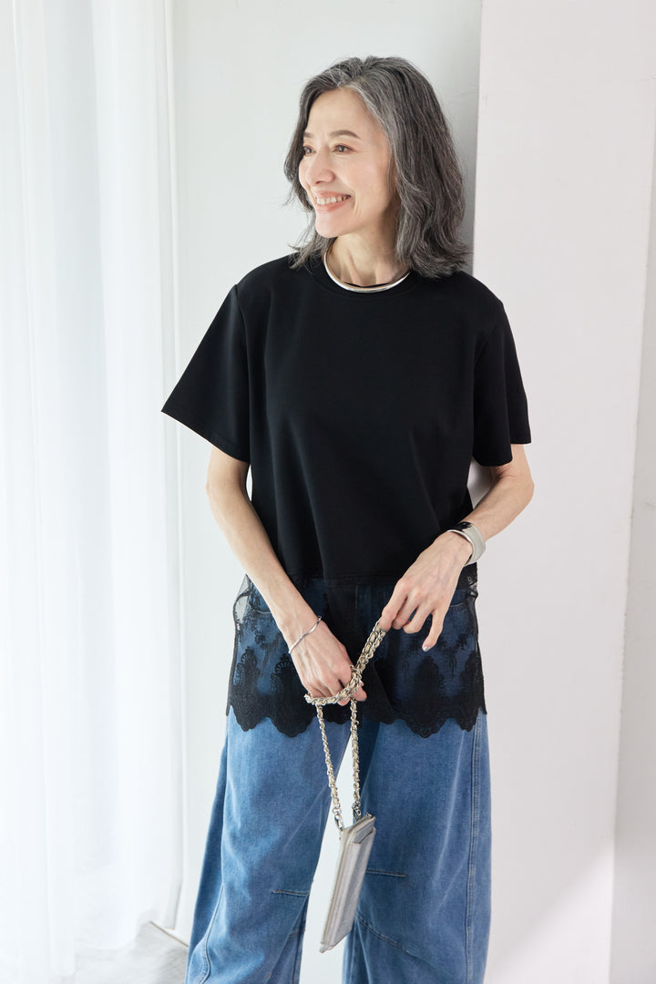 裾レース切替チュニック丈Tシャツ