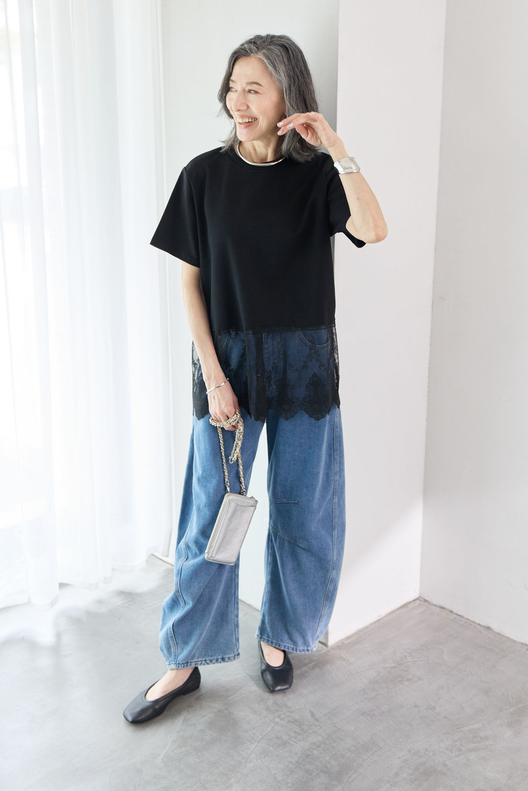 裾レース切替チュニック丈Tシャツ