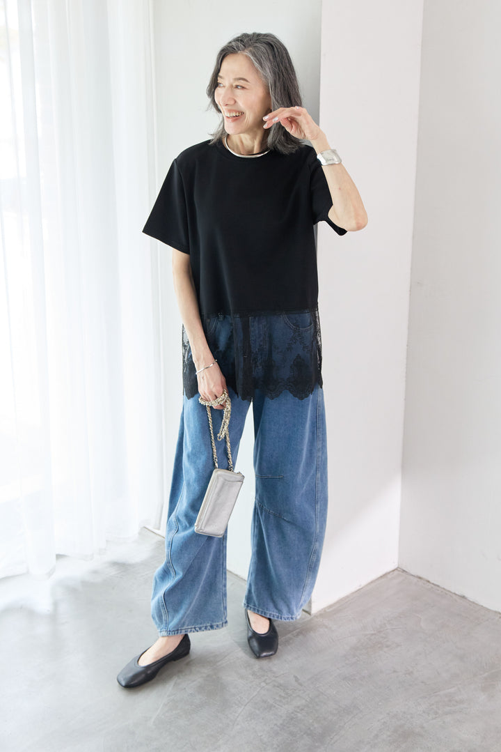 裾レース切替チュニック丈Tシャツ