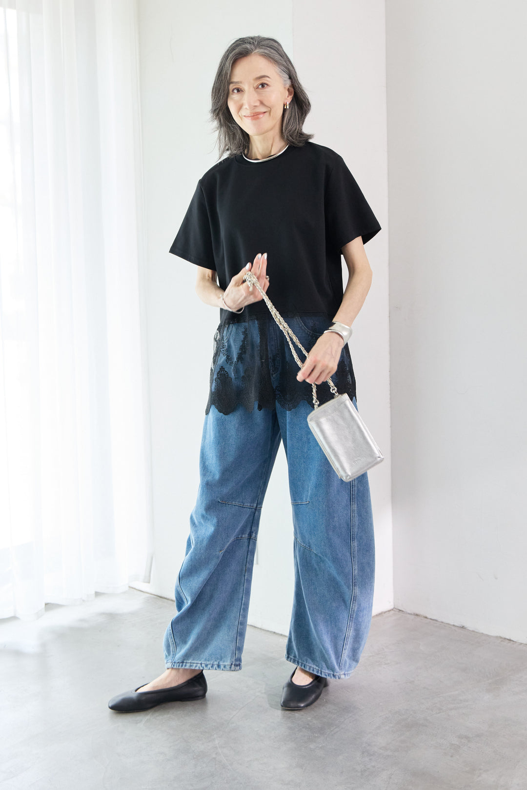 [SET]裾レース切替チュニック丈Tシャツ+パネル切替 カーブデニムパンツ(2set)