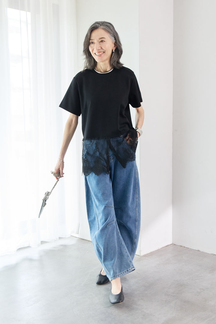 [SET]裾レース切替チュニック丈Tシャツ+パネル切替 カーブデニムパンツ(2set)