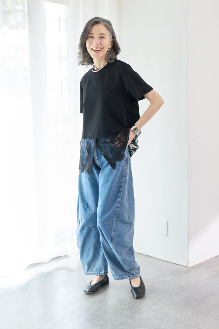 [SET]裾レース切替チュニック丈Tシャツ+パネル切替 カーブデニムパンツ(2set)