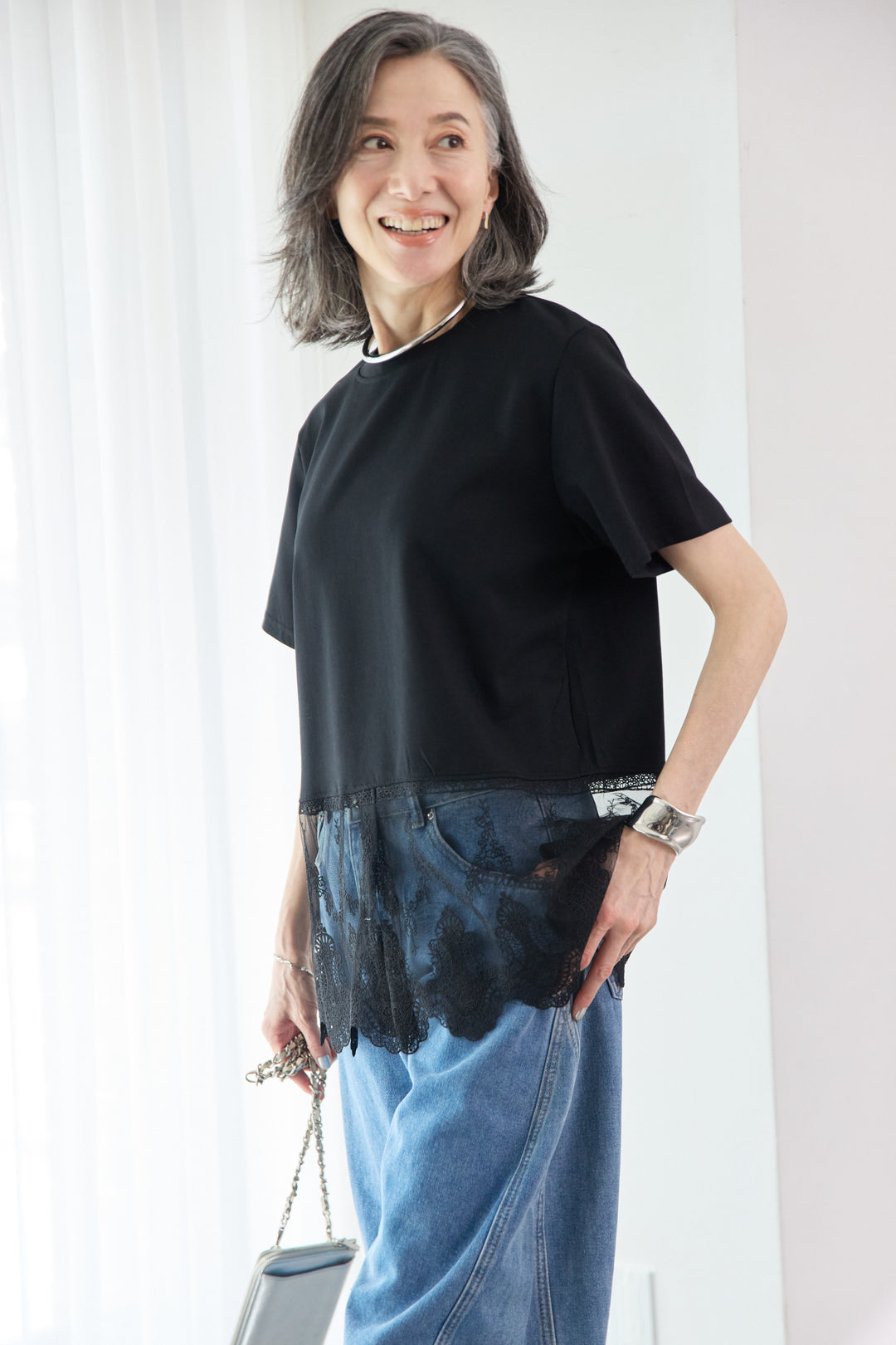 [SET]裾レース切替チュニック丈Tシャツ+パネル切替 カーブデニムパンツ(2set)