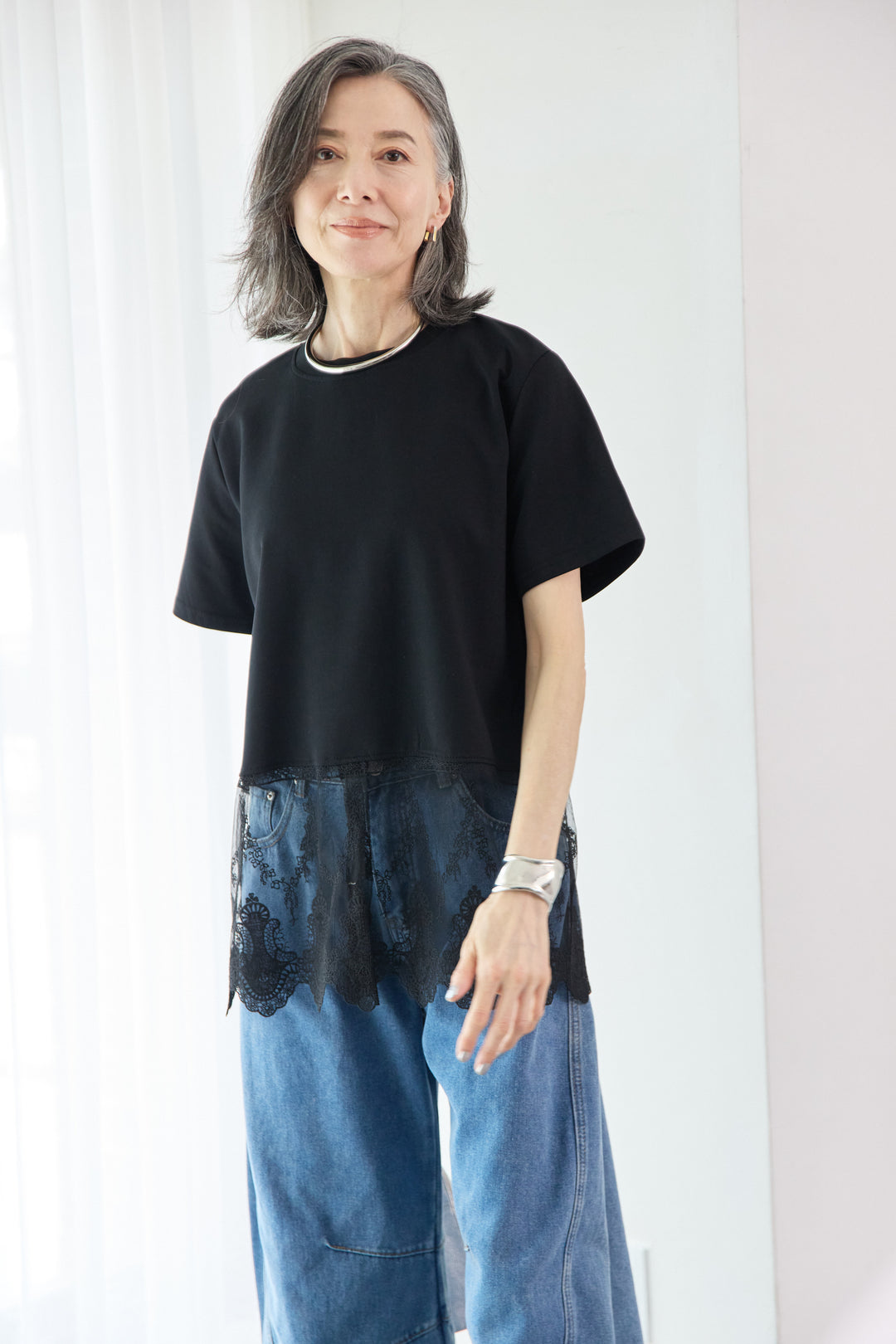 裾レース切替チュニック丈Tシャツ