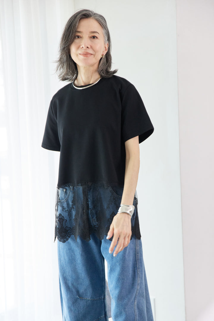 [SET]裾レース切替チュニック丈Tシャツ+パネル切替 カーブデニムパンツ(2set)