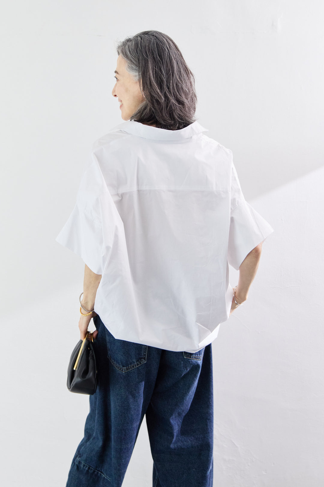 [SET]5分袖 オーバーサイズ プルオーバーシャツ+カーブデニムパンツ(2set)
