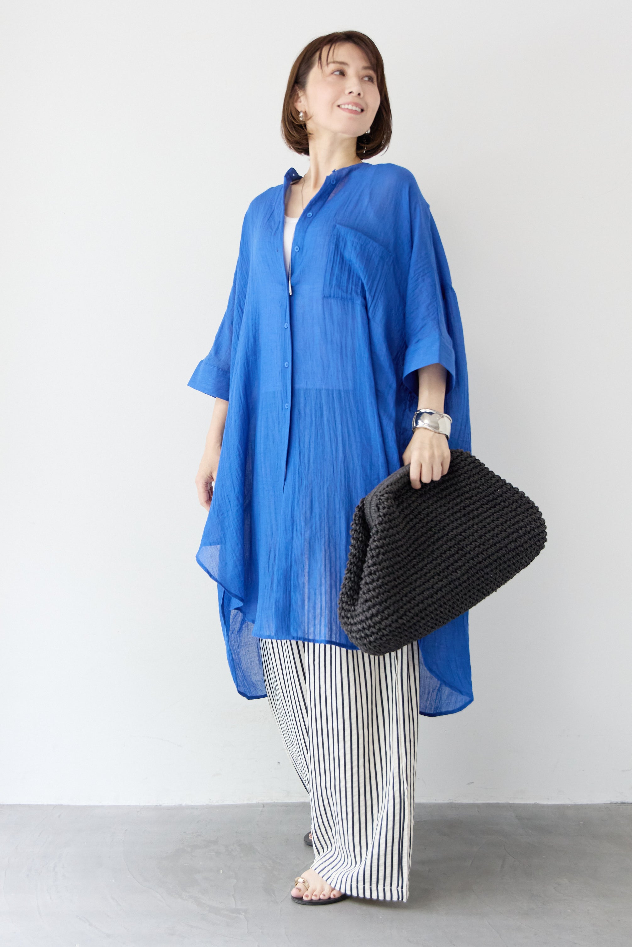 アルベロベロのロングチュニック　ブルー ワッシャー加工 ハーフスリーブ チュニックシャツ – plusotoha