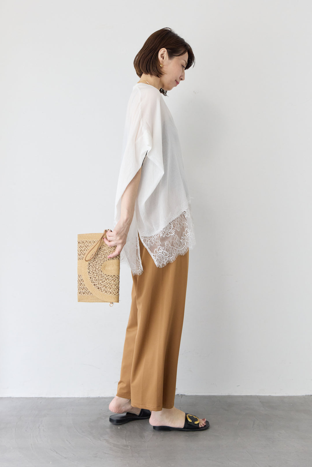 [SET]裾レース  Vネック 半袖カーディガン+CICA配合ノンストレッチパンツ(2set)