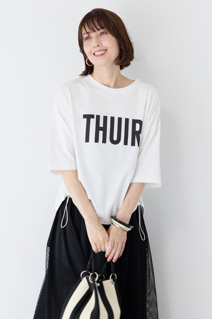 [SET] ロゴプリント サイドドローストリング オーバーサイズ Tシャツ+異素材コンビ フレア マキシスカート(2set)