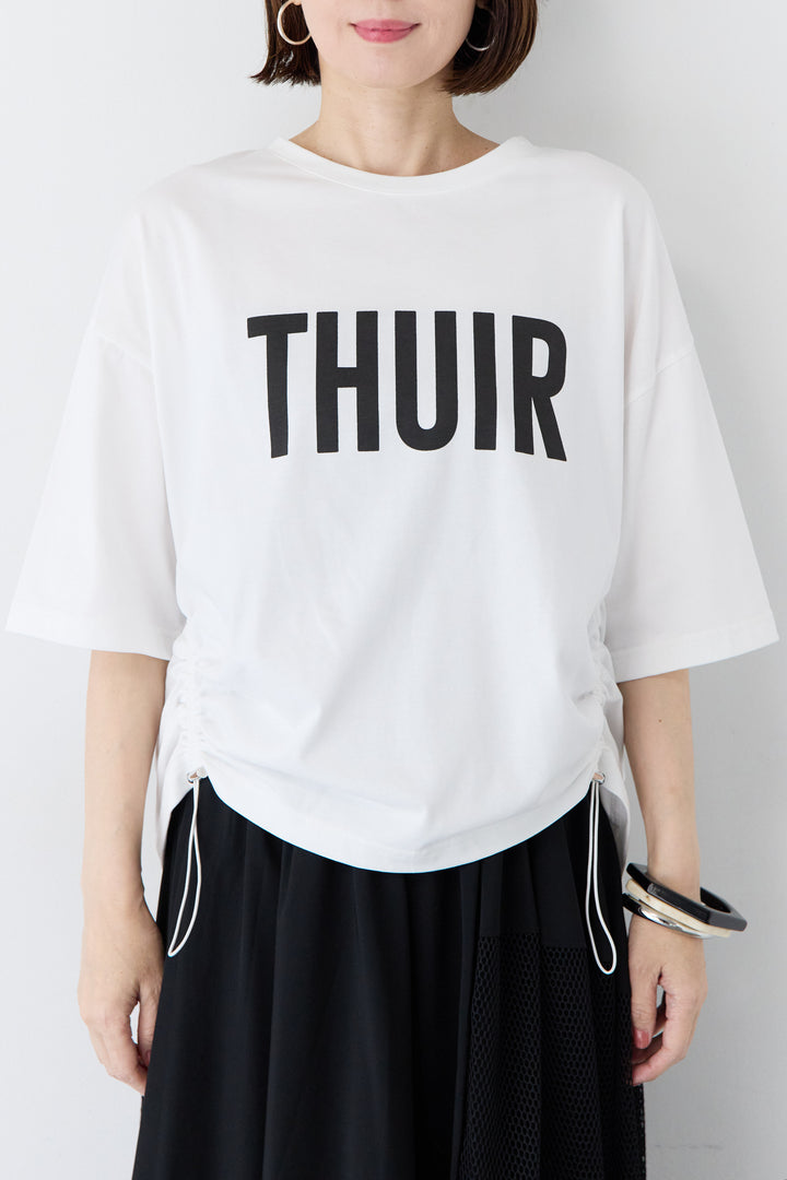 [SET] ロゴプリント サイドドローストリング オーバーサイズ Tシャツ+異素材コンビ フレア マキシスカート(2set)