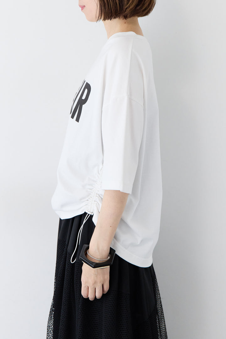 [SET] ロゴプリント サイドドローストリング オーバーサイズ Tシャツ+異素材コンビ フレア マキシスカート(2set)