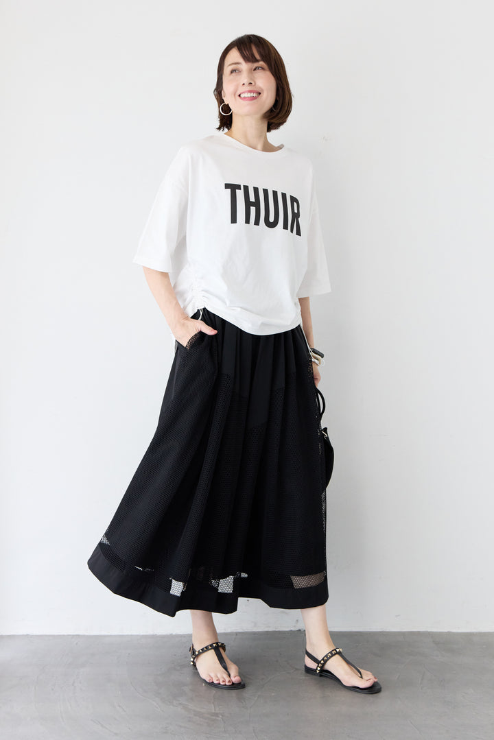 [SET] ロゴプリント サイドドローストリング オーバーサイズ Tシャツ+異素材コンビ フレア マキシスカート(2set)