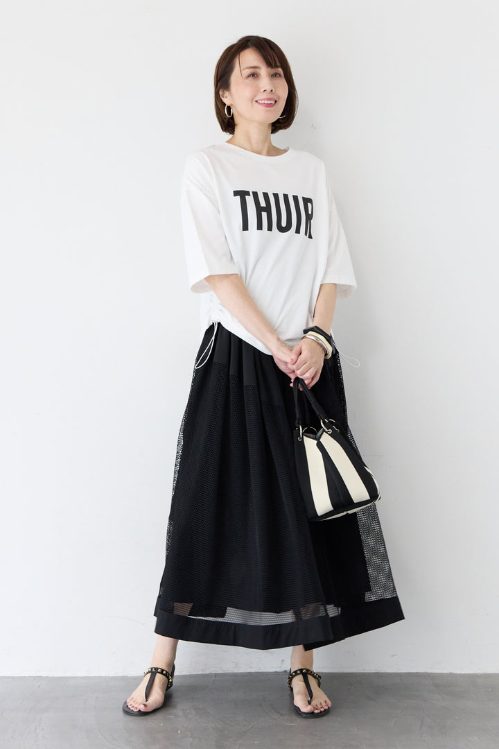 [SET] ロゴプリント サイドドローストリング オーバーサイズ Tシャツ+異素材コンビ フレア マキシスカート(2set)