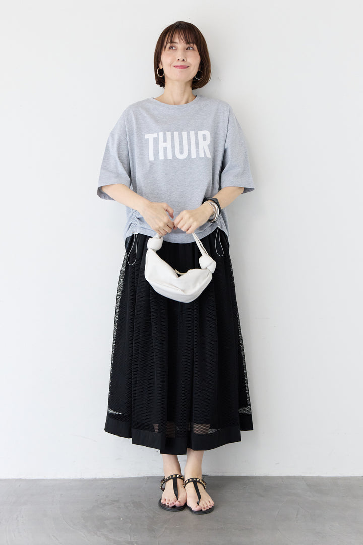 [SET] ロゴプリント サイドドローストリング オーバーサイズ Tシャツ+異素材コンビ フレア マキシスカート(2set)