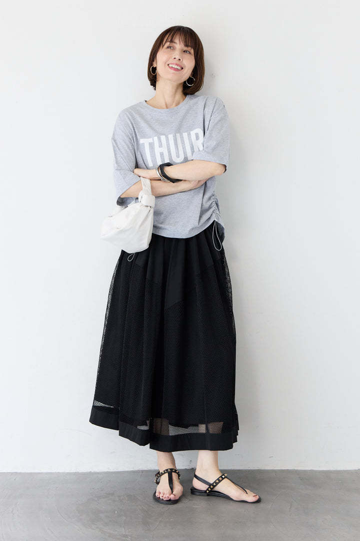 [SET] ロゴプリント サイドドローストリング オーバーサイズ Tシャツ+異素材コンビ フレア マキシスカート(2set)