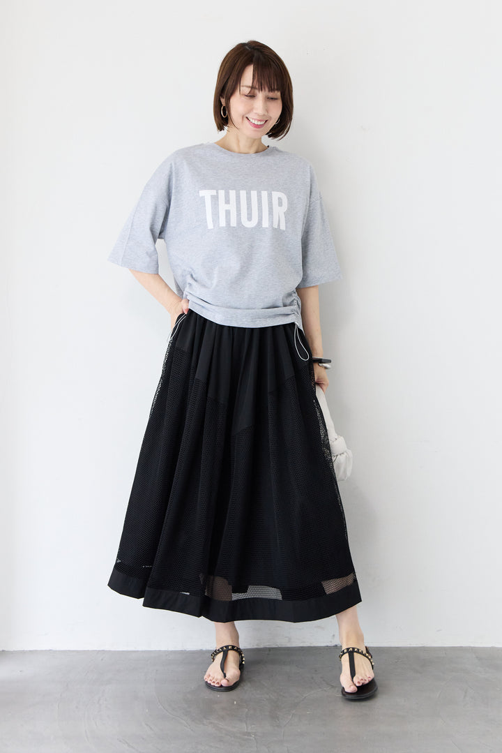 [SET] ロゴプリント サイドドローストリング オーバーサイズ Tシャツ+異素材コンビ フレア マキシスカート(2set)