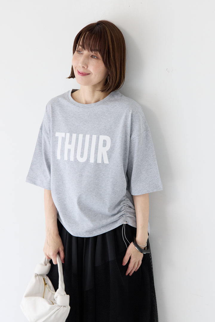 [SET] ロゴプリント サイドドローストリング オーバーサイズ Tシャツ+異素材コンビ フレア マキシスカート(2set)