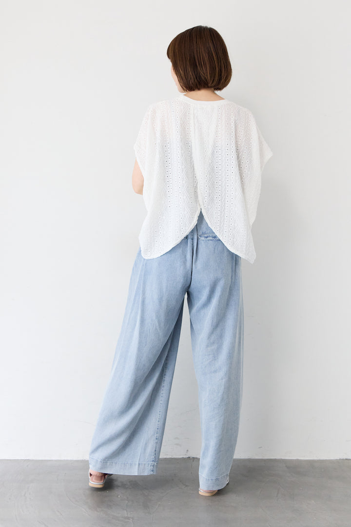 [SET]総レース バックスリット ワイドカットソー+【接触冷感】テンセルデニムワイドパンツ(2set)
