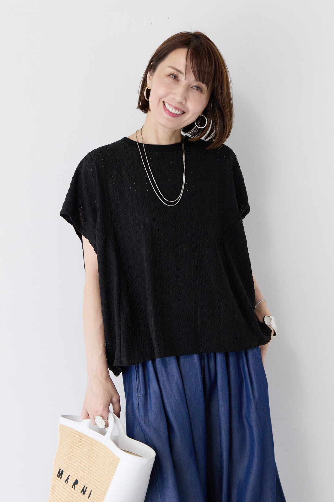 [SET]総レース バックスリット ワイドカットソー+【接触冷感】テンセルデニムワイドパンツ(2set)