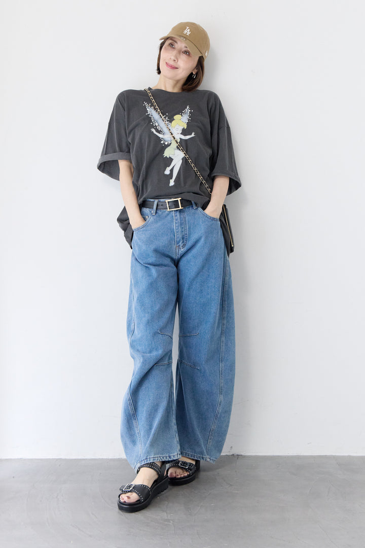 [SET]ピグメント加工風 ティンカー・ベルTシャツ+パネル切替 カーブデニムパンツ(2set)