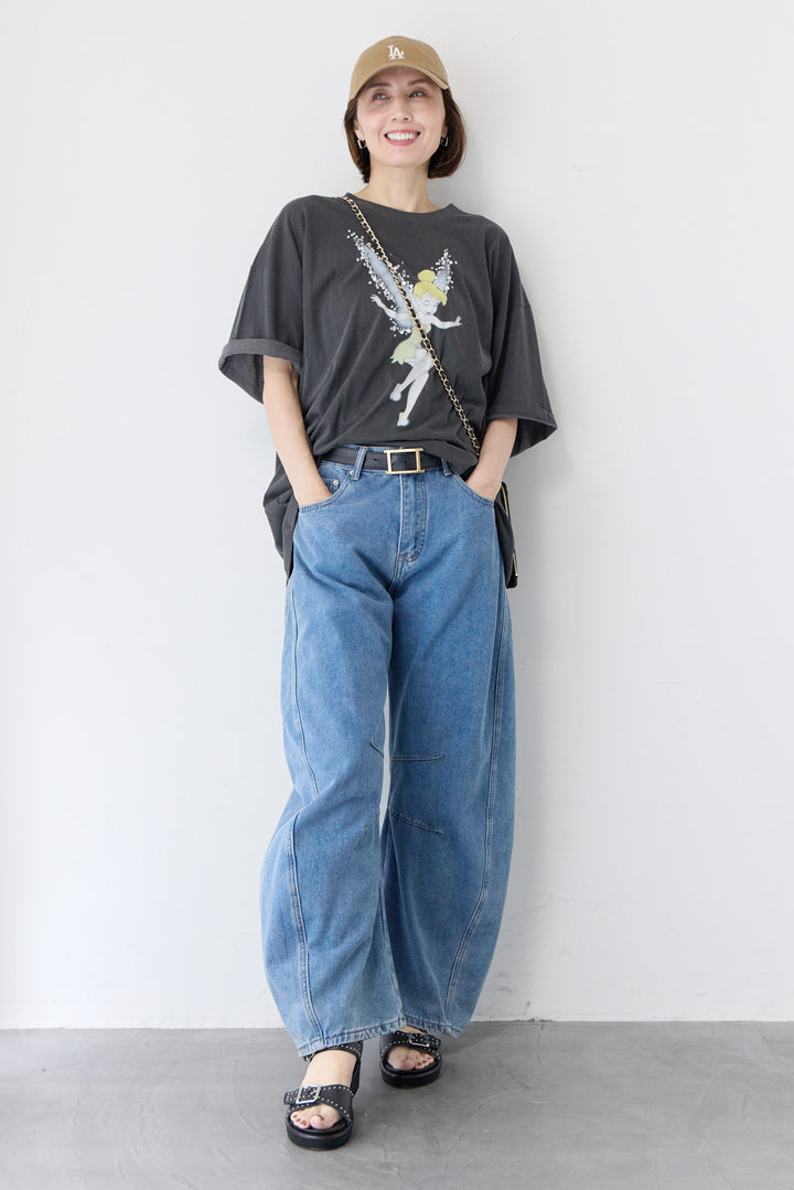 [SET]ピグメント加工風 ティンカー・ベルTシャツ+パネル切替 カーブデニムパンツ(2set)