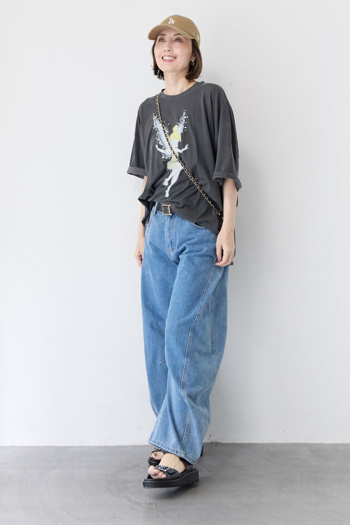 [SET]ピグメント加工風 ティンカー・ベルTシャツ+パネル切替 カーブデニムパンツ(2set)
