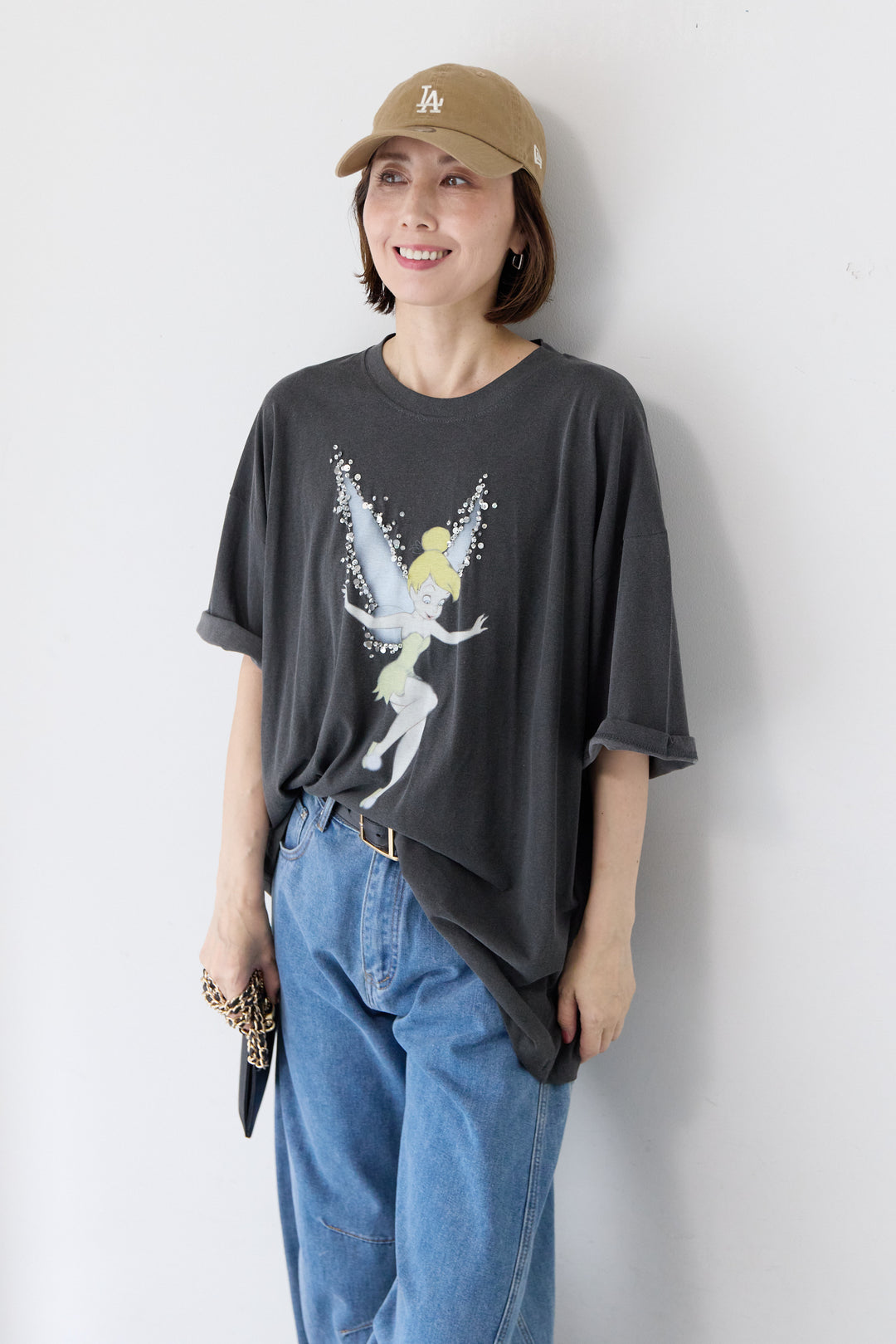 [SET]ピグメント加工風 ティンカー・ベルTシャツ+パネル切替 カーブデニムパンツ(2set)