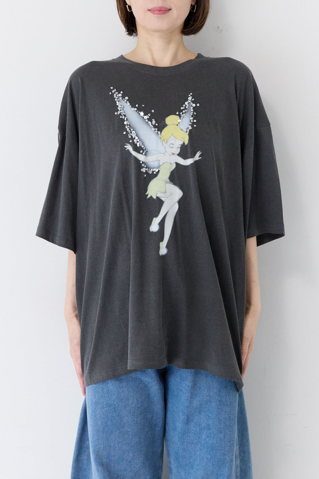 [SET]ピグメント加工風 ティンカー・ベルTシャツ+パネル切替 カーブデニムパンツ(2set)