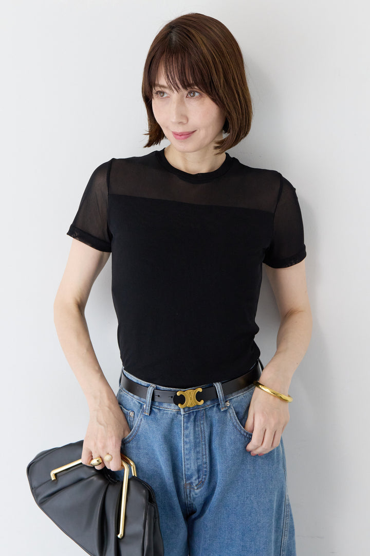 [SET]異素材切替 クルーネック タイトフィット プルオーバー+パネル切替 カーブデニムパンツ(2set)