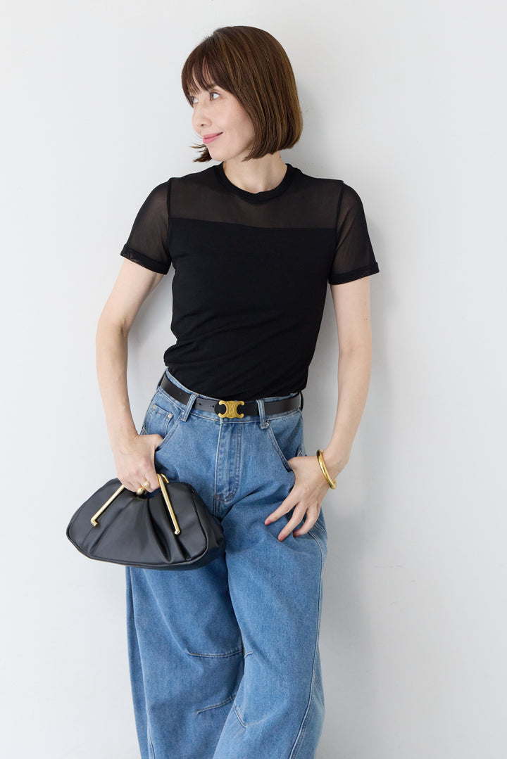 [SET]異素材切替 クルーネック タイトフィット プルオーバー+袖メッシュ切替 ブラック タイトシルエットTシャツ(2set)