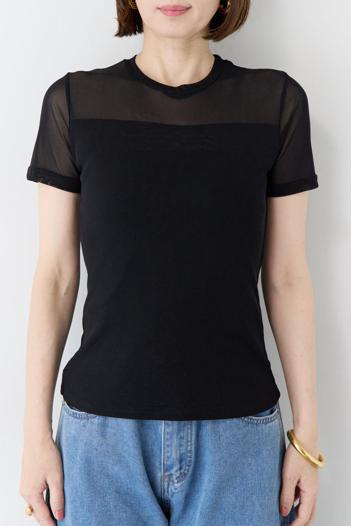 [SET]異素材切替 クルーネック タイトフィット プルオーバー+パネル切替 カーブデニムパンツ(2set)