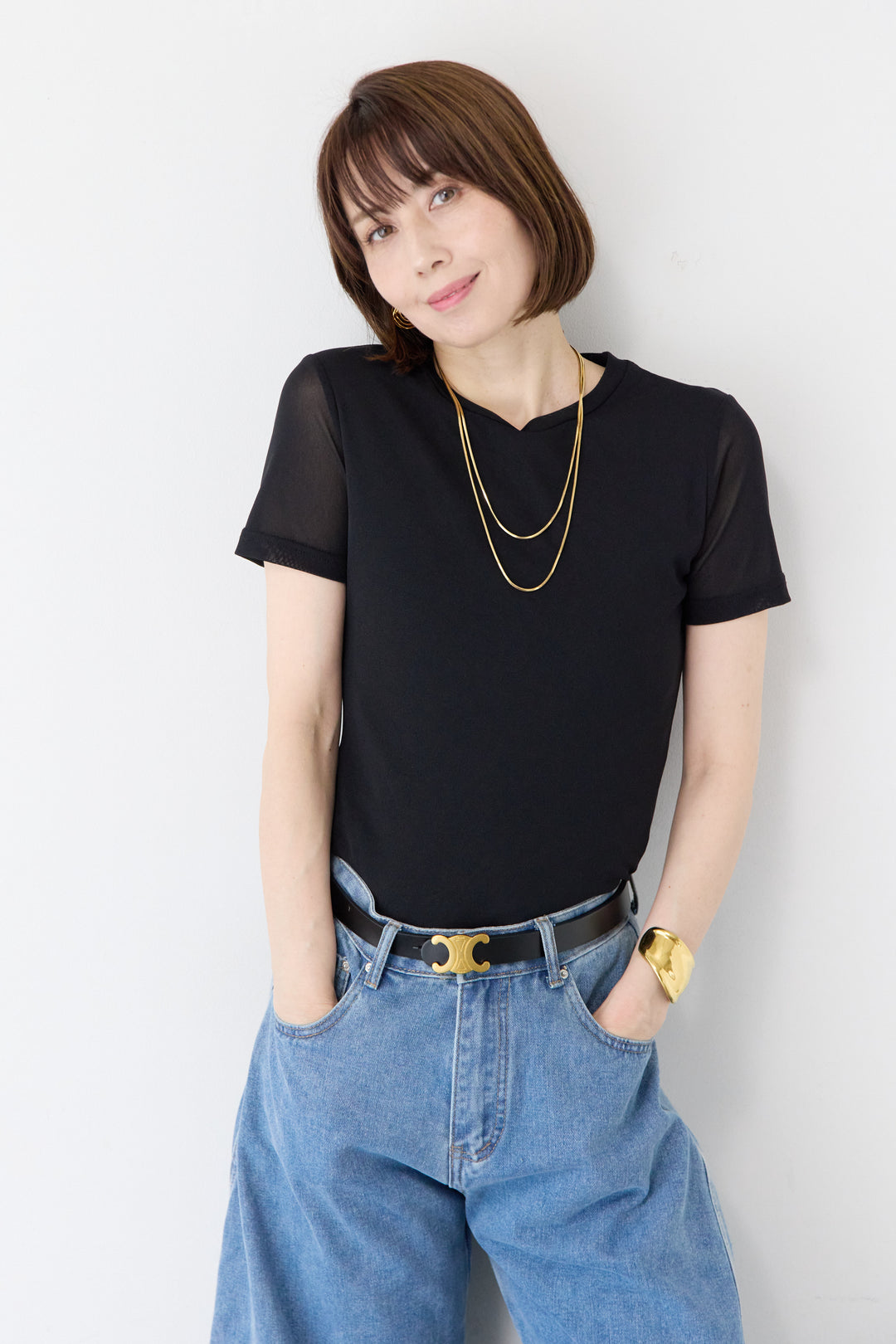 [SET]無地 Uネック 半袖 コンパクト カットソー ブラック+袖メッシュ切替 ブラック タイトシルエットTシャツ(2set)