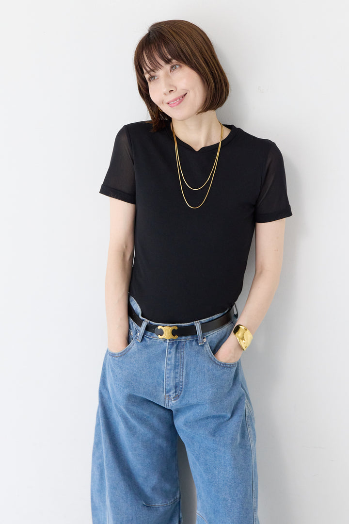 袖メッシュ切替 ブラック タイトシルエットTシャツ